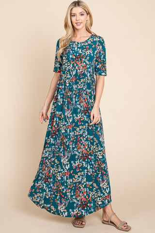 BOMBOM Printed Shirred Maxi Dress Trendsi