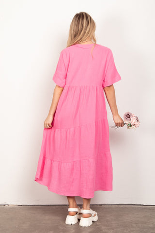 VERY J Soft Crinkle Gauze Short Sleeve Midi Dress Trendsi