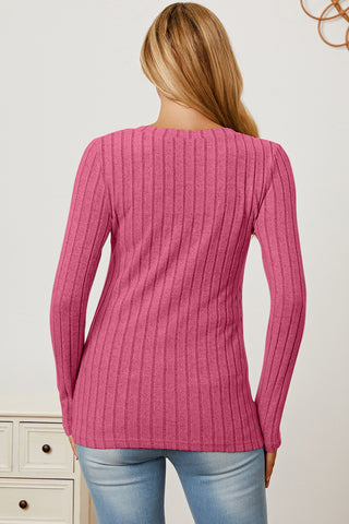 Basic Bae Full Size Ribbed V-Neck Long Sleeve T-Shirt Trendsi