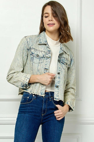 Veveret Multi Color Stripe Rhinestone Raw Hem Denim Jacket Trendsi