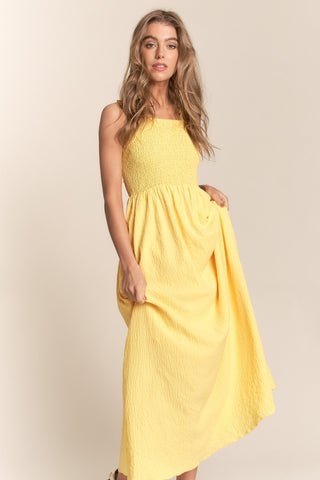 J.NNA Texture Crisscross Back Tie Smocked Maxi Dress Trendsi