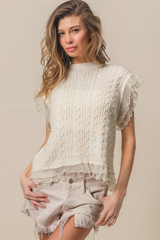 BiBi Layered Pleat Chiffon Edge Cable Knit Top Trendsi