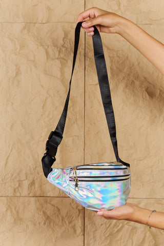 Fame Good Vibrations Holographic Double Zipper Fanny Pack in Silver Trendsi