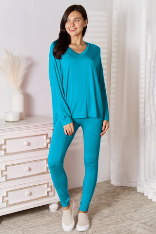 Basic Bae Full Size V-Neck Soft Rayon Long Sleeve Top and Pants Lounge Set Trendsi