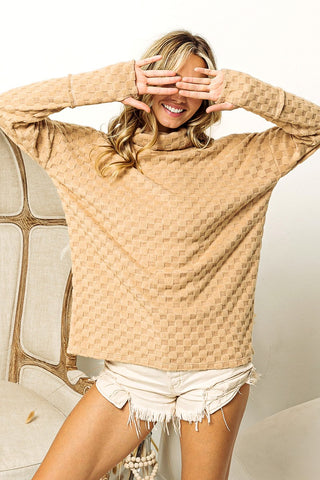 BiBi Checkered Round Neck Thumbhole Long Sleeve Top Trendsi