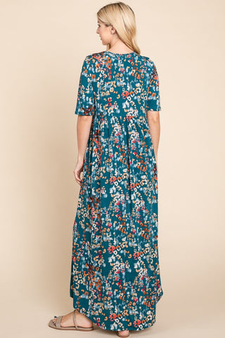 BOMBOM Printed Shirred Maxi Dress Trendsi