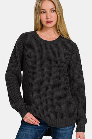 Zenana High Low Long Sleeve Waffle Sweater Trendsi