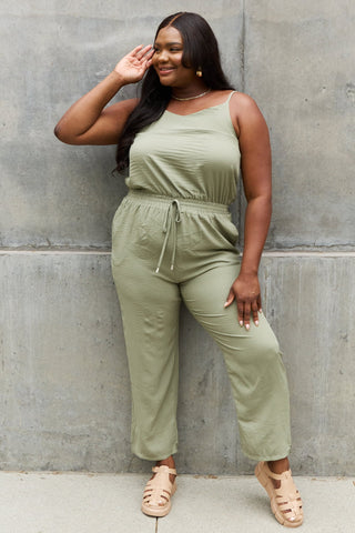 ODDI Full Size Textured Woven Jumpsuit in Sage Trendsi