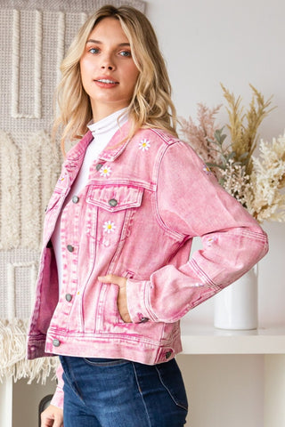 Veveret Daisy Print Button Up Denim Jacket Trendsi