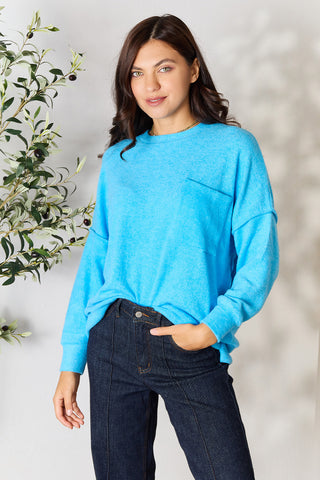 Zenana Round Neck Long Sleeve Sweater with Pocket Trendsi