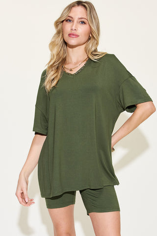 Basic Bae Full Size V-Neck Drop Shoulder T-Shirt and Shorts Set Trendsi