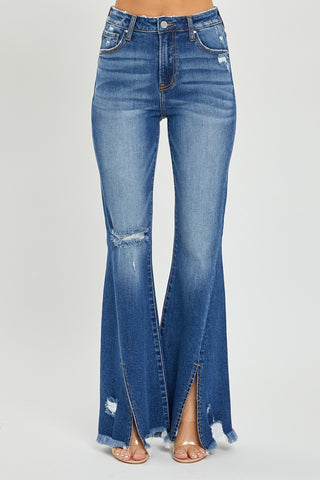 RISEN Full Size High Rise Front Slit Frayed Hem Flare Jeans Trendsi