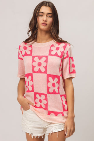 BiBi Flower Checker Pattern Short Sleeve Sweater Trendsi