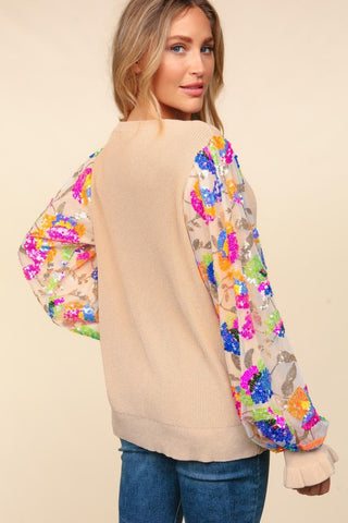 Haptics Floral Sequins Mesh Flounce Sleeve Sweater Trendsi