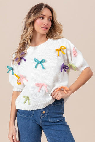 BiBi Bow Detail Puff Sleeve Sweater Trendsi