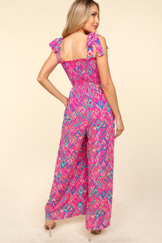 Haptics Printed Smocked Sleeveless Jumpsuit Trendsi