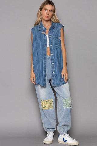 POL Button Down Sleeveless Striped Denim Shirt Trendsi