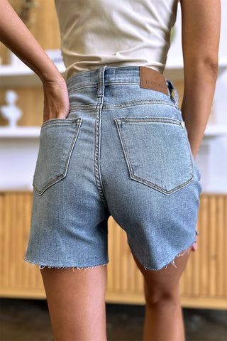 Judy Blue Full Size High Waist Raw Hem Denim Shorts Trendsi