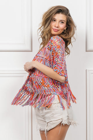 BiBi Open Front Fringed Crop Knit Cardigan Trendsi