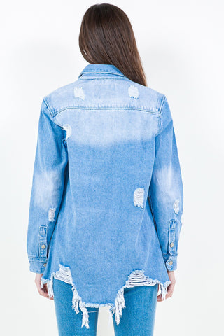 American Bazi Frayed Hem Distressed Denim Shirt Jacket Trendsi