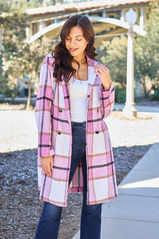 Double Take Full Size Plaid Button Up Lapel Collar Coat Trendsi