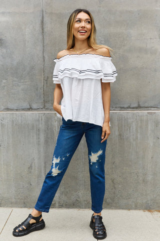 ODDI Full Size Off The Shoulder Ruffle Blouse Trendsi