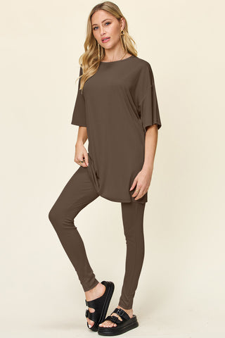 Double Take Full Size Round Neck Dropped Shoulder T-Shirt and Leggings Set Trendsi