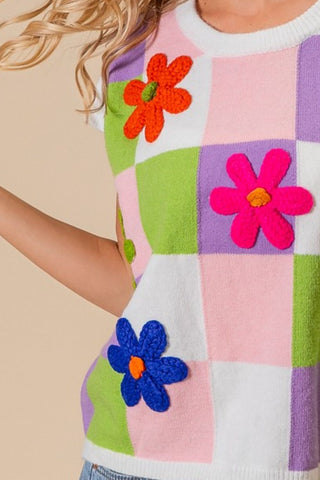 BiBi Flower Patch Checkered Sweater Vest Trendsi