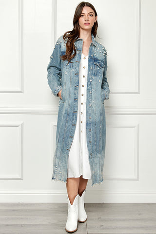 Veveret Full Size Distressed Raw Hem Pearl Detail Button Up Jacket Trendsi