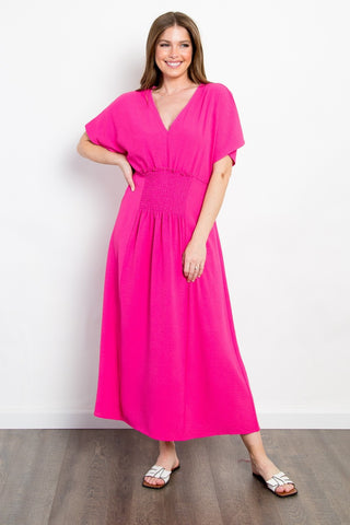 Be Stage Full Size Shirred Front Short Sleeve Maxi Dress Trendsi