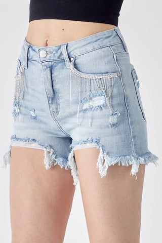 RISEN Frayed Hem Denim Shorts with Fringe Detail Pockets Trendsi