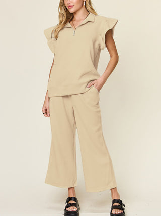 Double Take Texture Ruffle Short Sleeve Top and Drawstring Wide Leg Pants Set Trendsi