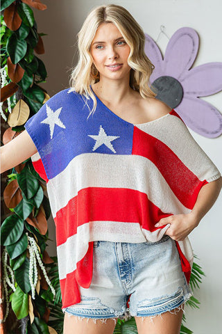 First Love Full Size USA Flag Drop Shoulder Knit Top Trendsi