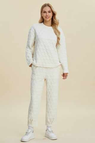 Double Take Full Size Texture Round Neck Long Sleeve Top and Pants Set Trendsi