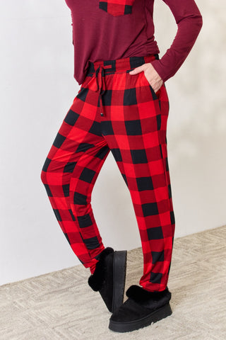 Zenana Full Size Plaid Round Neck Top and Pants Pajama Set Trendsi