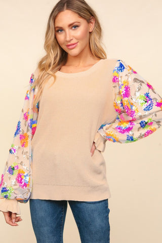 Haptics Floral Sequins Mesh Flounce Sleeve Sweater Trendsi