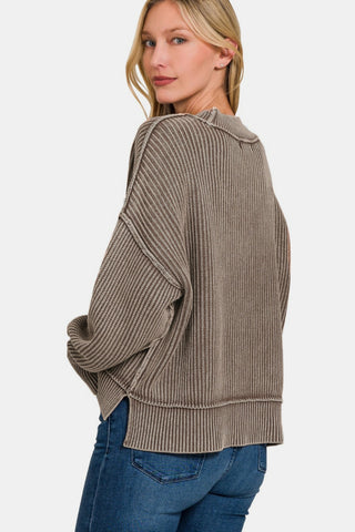 Zenana Exposed Seam Round Neck Dropped Shoulder Sweater Trendsi