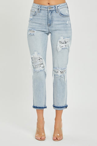 RISEN Mid-Rise Sequin Patched Jeans Trendsi