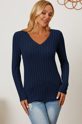 Basic Bae Full Size Ribbed V-Neck Long Sleeve T-Shirt Trendsi