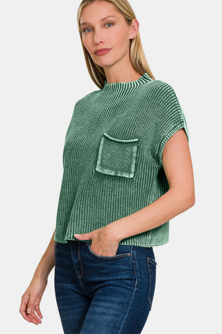 Zenana Washed Mock Neck Short Sleeve Cropped Sweater Trendsi