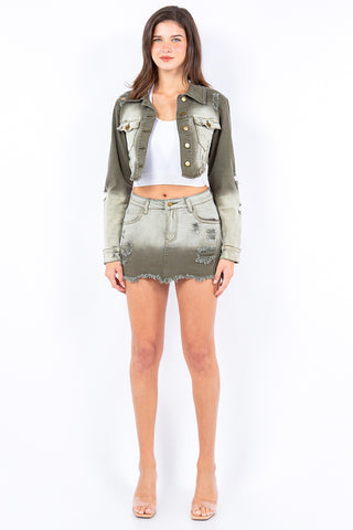 American Bazi Distressed Ombre Washed Cropped Denim Jacket Trendsi