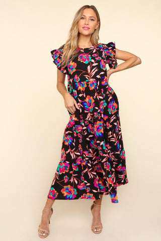 Haptics Ruffled Printed Round Neck Cap Sleeve Dress Trendsi