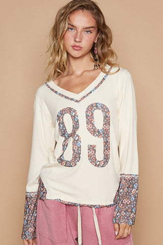 POL V-Neck Long Sleeve Floral Number Patch T-Shirt Trendsi