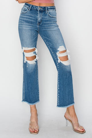 RISEN Mid Rise Distressed Cropped Flare Jeans Trendsi