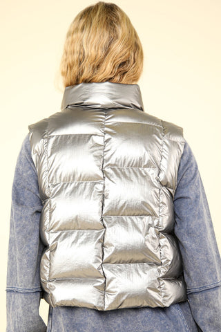 VERY J Shiny Metallic Zip Up Puffer Vest Trendsi