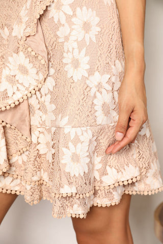 Double Take Floral Lace Pompom Detail Tie-Waist Flutter Sleeve Dress Trendsi