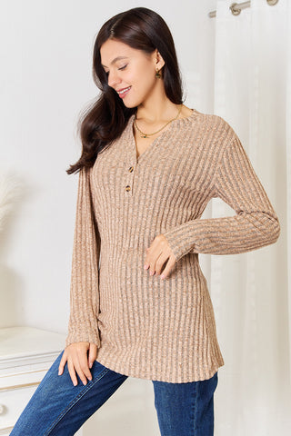 Double Take Notched Neck Ribbed Long Sleeve T-Shirt Trendsi