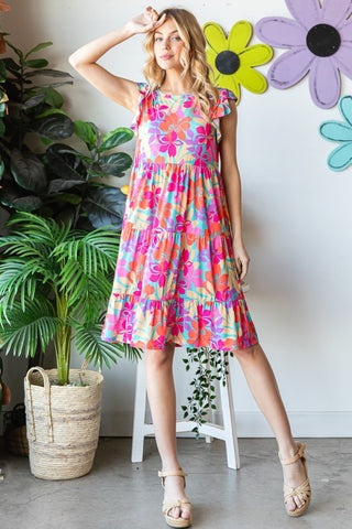 Heimish Full Size Floral Cap Sleeve Tiered Dress Trendsi