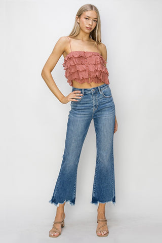 RISEN High Waist Raw Hem Flare Jeans Trendsi