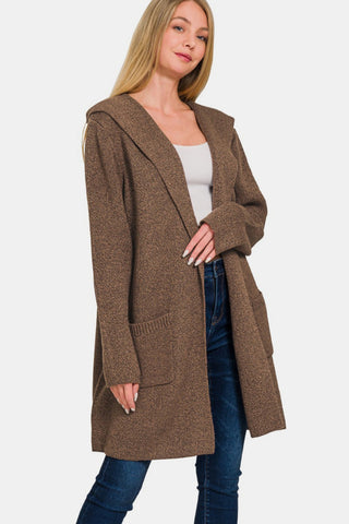 Zenana Hooded Open Front Sweater Cardigan Trendsi